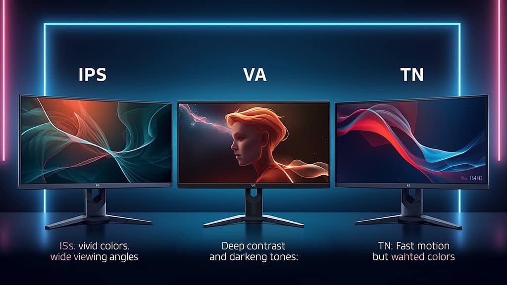 Comparativa visual entre paneles IPS, VA y TN en monitores gaming 144Hz