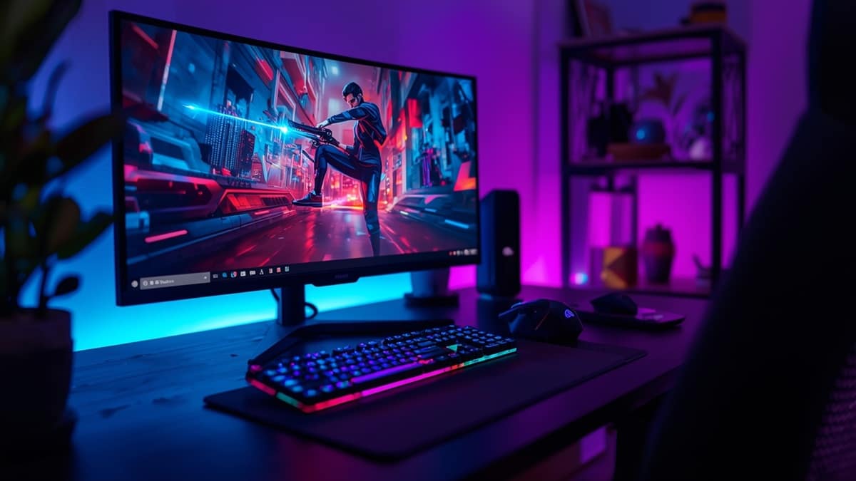 Setup gamer con monitor 144Hz de 24 pulgadas, iluminación LED RGB y escritorio moderno - mejores monitores gaming calidad precio en Amazon España 2025